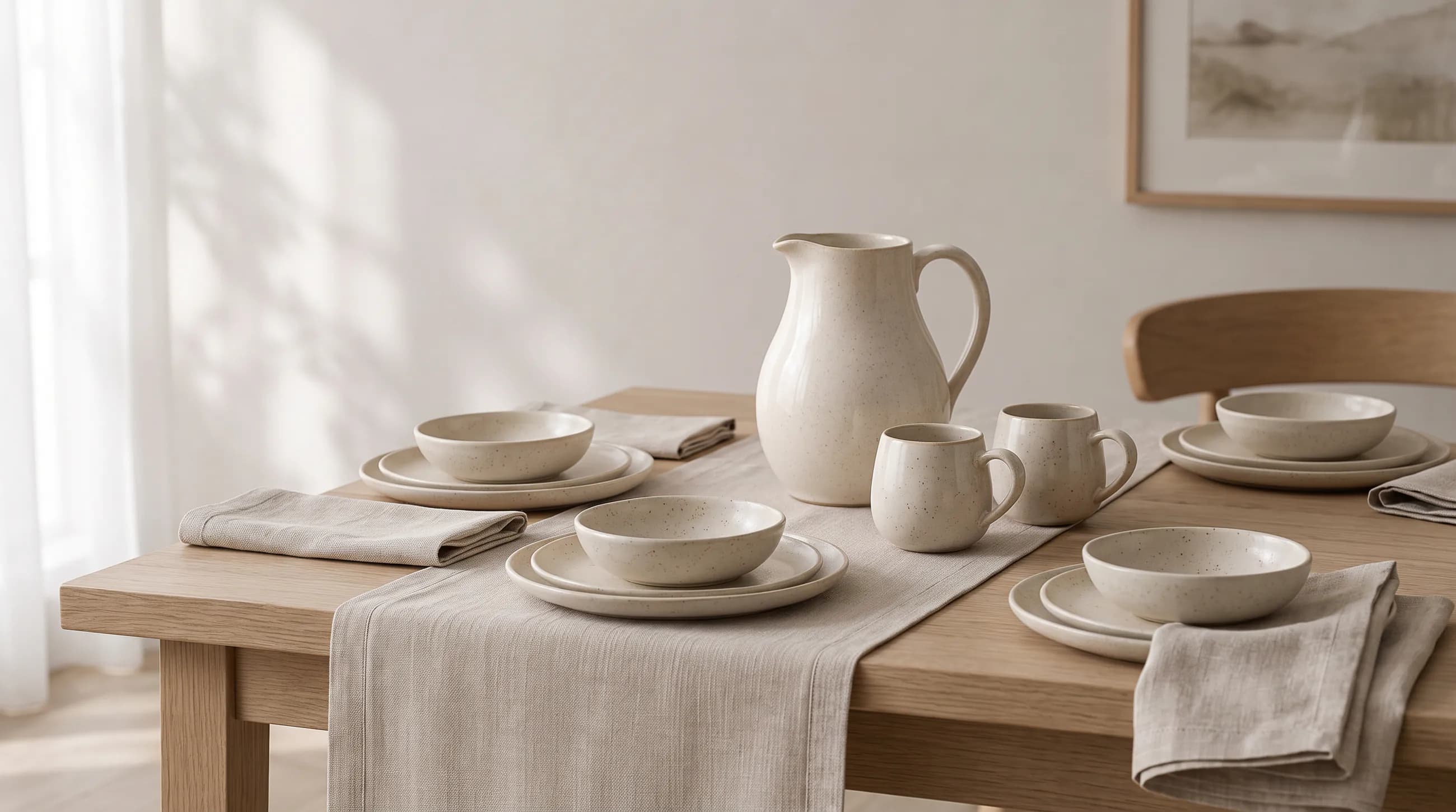 Halden Home ivory stoneware pitcher, mugs, bowls and plates set out on a linen runner