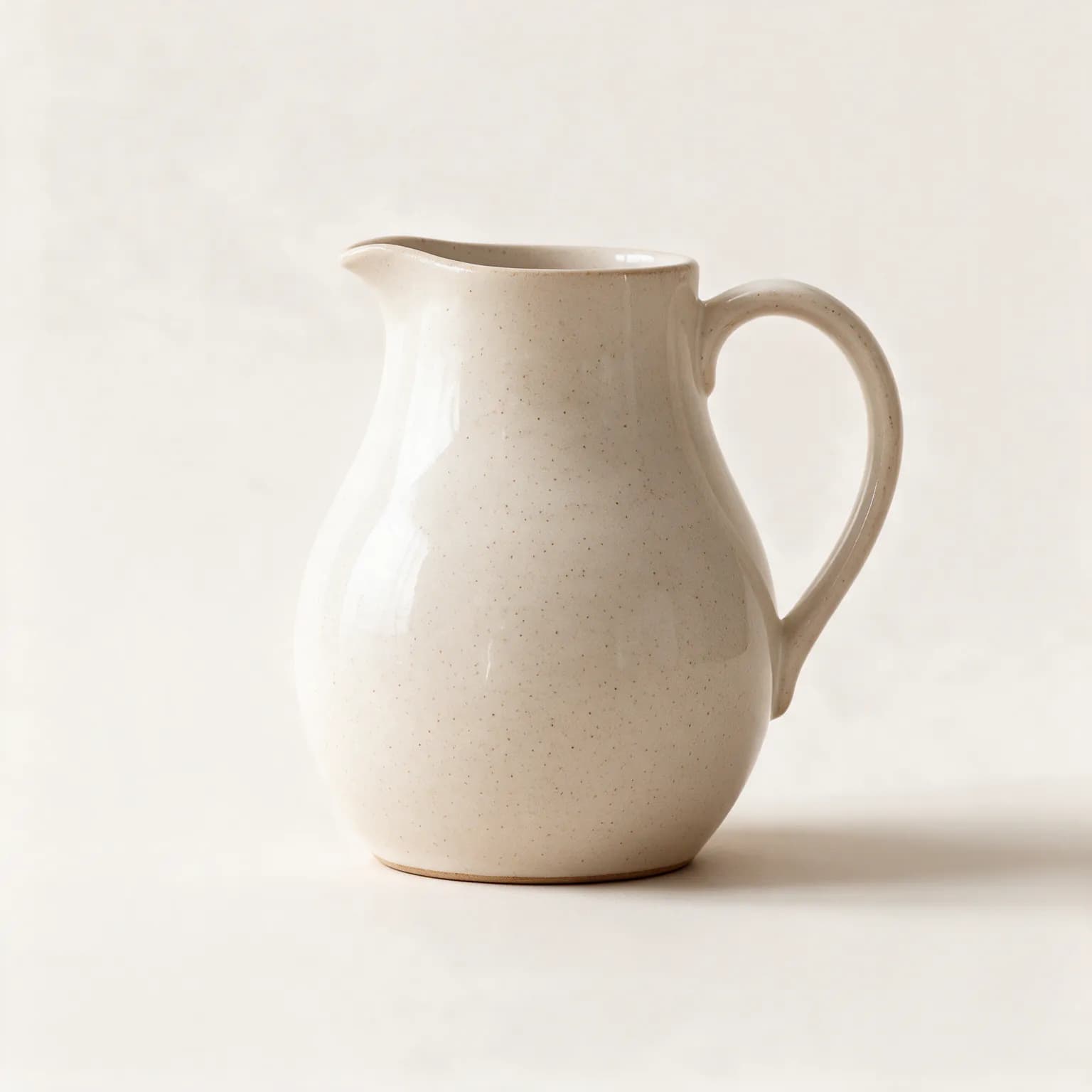 Ivory speckled stoneware pitcher on a plain background