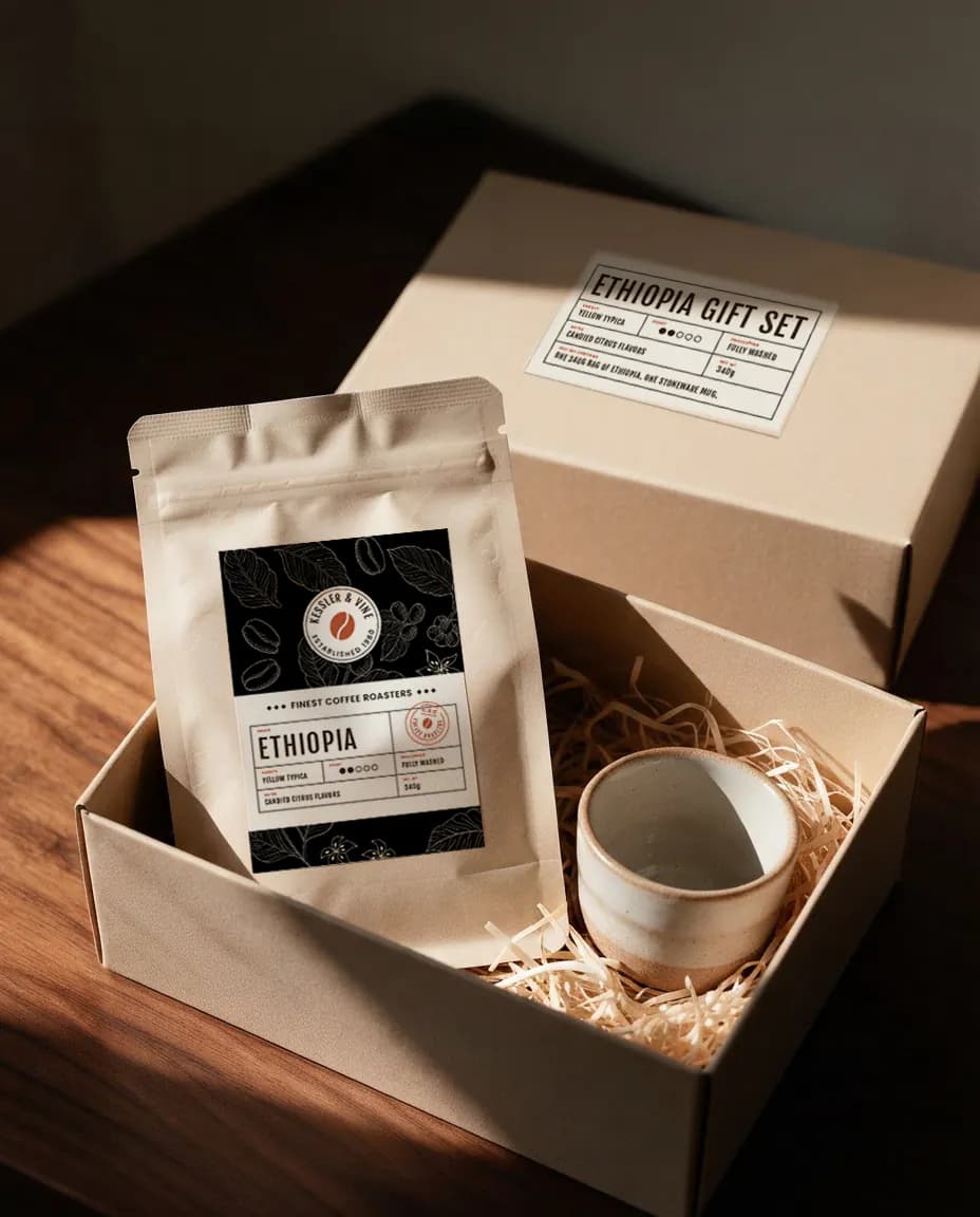Kraft bag of Ethiopia coffee and a stoneware mug in an open gift box