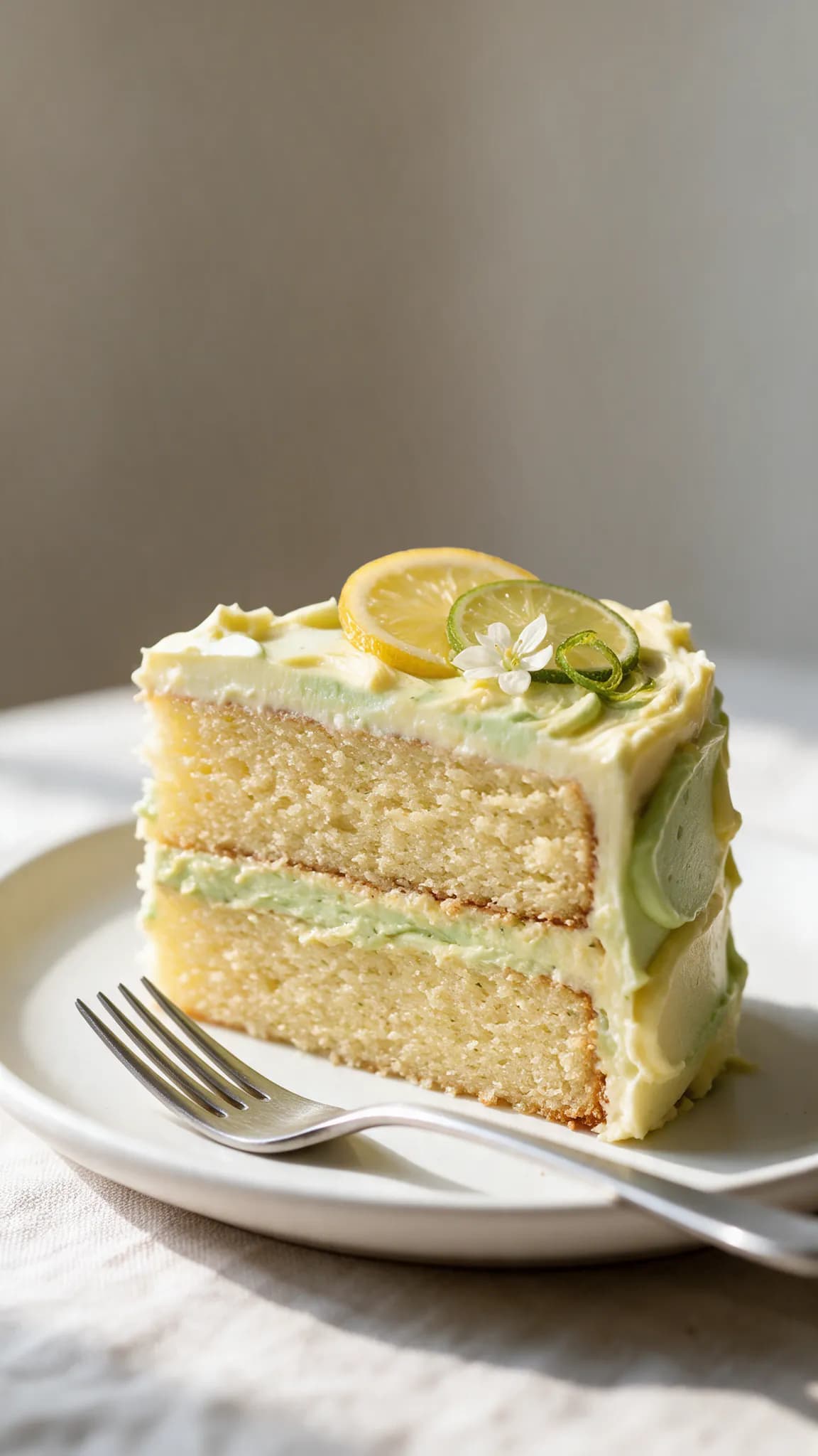 Slice of lemon-lime layer cake on a plate with a fork