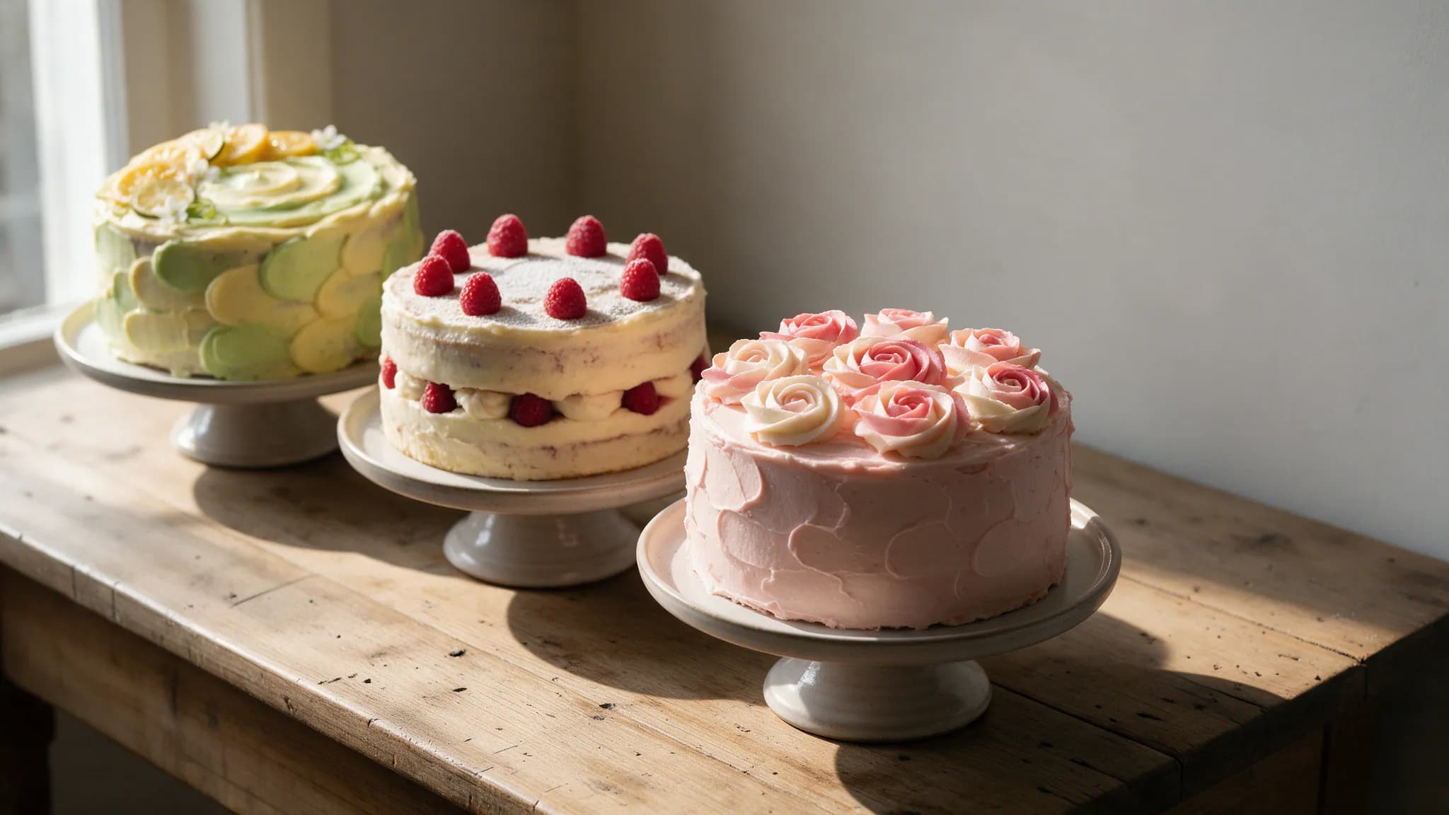 Three decorated cakes on stands along a wooden counter