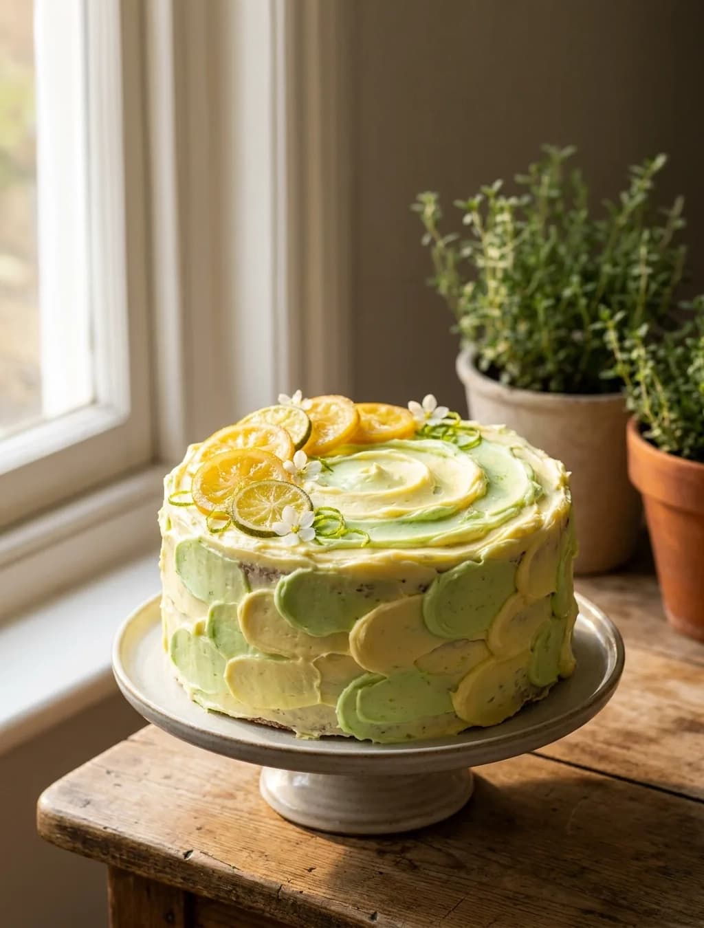 Lemon-lime cake with citrus and flower decoration on a stand by a window